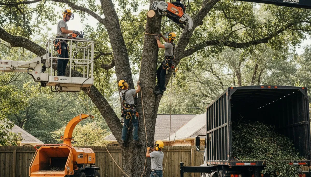 Kissimmee, FL tree removal crew safely removing a damaged tree from a residential property
