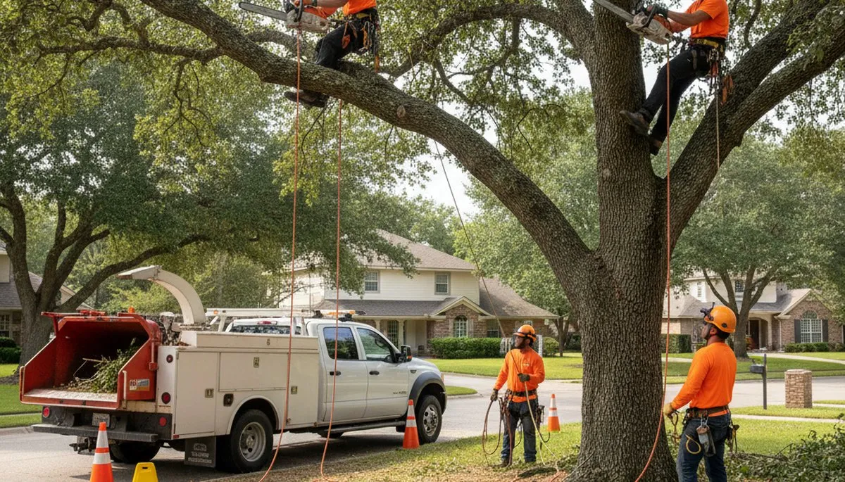 Tree service crew trimming overgrown trees in Kissimmee, FL for storm prep and canopy shaping